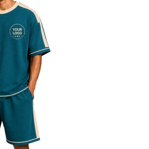 Teal Blue Mens Oversized T Shirt And Shorts <b>Set</b> Beige Contrast Panels Custom Logo Crew Neck Casual Streetwear Wholesale Supplier - Product Image 4