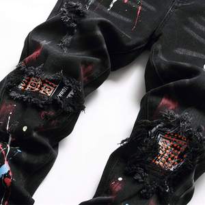 Jean en denim noir pour homme, coupe slim, jambe droite, effet déchiré et vieilli, peint à la main, style streetwear, en coton mi-lourd, style automne, en promotion - Product Image 3