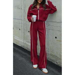 Women's Red Tracksuit Set Full Zip Long Sleeve Loose Fit Sporty Jogger <b>Pants</b> With Side Stripe All Seasons Wear - Product Image 3