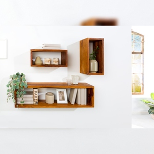 Ensemble de 3 étagères murales modernes élégantes Vandana Hemingway 94 cm en bois de sheesham brun avec finition pierre pour salon et bureau à domicile - Product Image 1