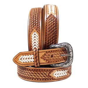 Cinturón Reversible de Cuero Vacuno con Patrón Geométrico de Cuentas y Hebilla Plateada Estilo Western, Cuero Pintado de Estilo Étnico - Product Image 2