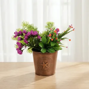 Pot de fleurs rond en métal rétro de conception artisanale, petit, fait à la main, décoratif, avec un motif étoile, pour une utilisation en intérieur et en extérieur - Product Image 5
