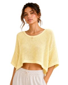 Pull court tricoté ample jaune pour femme, manches courtes, léger et respirant, idéal pour l'été, style décontracté et tendance - Product Image 1