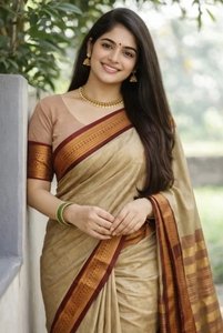 Sari traditionnel en coton et soie KV Maheshwari (beige) pour les occasions de fête - Réversible et infroissable - Product Image 4