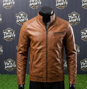 Men's Brown Genuine Leather Casual Waterproof Moto <b>Jacket</b> Stand Collar Zipper Closure <b>Slim</b> <b>Fit</b> Regular Sleeve Solid Color Winter - Product Image 2