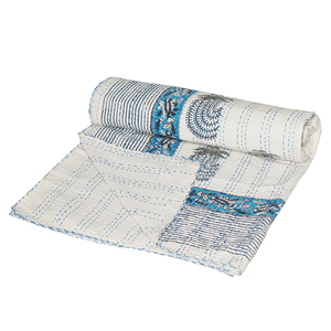 Handmade Organic Kantha Quilt Cotton <b>Bedspread</b> Reversible Lightweight Washable All Season Printed Floral Blue White for Beach - Product Image 1