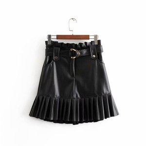 Mini-jupe en cuir PU pour femme avec ourlet plissé et poches, couleur unie, brillante, taille normale, style toutes saisons - Product Image 3