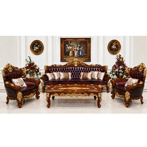 Juego de Sofás Seccionales Tapizados de Estilo Provincial Francés para Villas, Madera de Teca de Lujo con Detalles Tallados a Mano, Tamaño y Color Personalizables - Product Image 1
