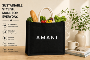 AMANI กระเป๋าช้อปปิ้งผ้าปอกระเจาขนาดใหญ่ สีดำ พิมพ์ลายตัวอักษร หูหิ้วเชือก ขนาด 16x12x6 นิ้ว - Product Image 6