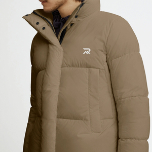 Men's Beige Down Puffer Jacket Stand Collar Zipper Pockets Windproof Casual Winter Coat Regular Fit Polyester Filling - Product Image 3