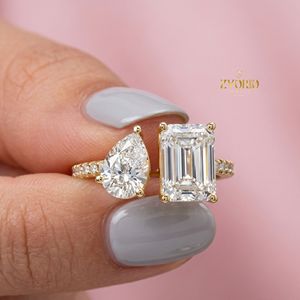 <b>925</b> Sterling <b>Silver</b> Pear & Emerald Cut Lab Grown Diamond Two Stone Engagement <b>Ring</b> for Women Luxury Bridal Jewelry - Product Image 1
