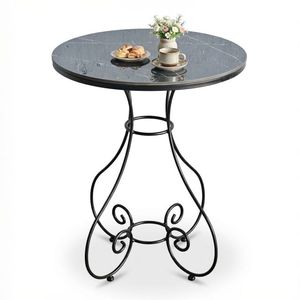 Modern <b>Round</b> <b>White</b> Marble Top Bistro <b>Table</b> with Ornate Black Wrought Iron Scroll Base for Garden, Patio & Café Furniture - Product Image 1