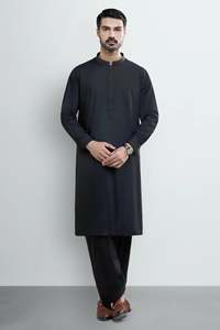 Men's <b>Black</b> Cotton Kurta <b>Pajama</b> <b>Set</b> Knee-Length Regular Fit Traditional Casual Wear India Pakistan Style Wrinkle Free Breathable - Product Image 3