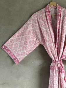 Block Print Woven Cotton <b>Kimono</b> Robe Long Sleeve Floral <b>Beach</b> Cover Handcrafted V-neck Belted Full-Length Spring Summer Front - Product Image 5