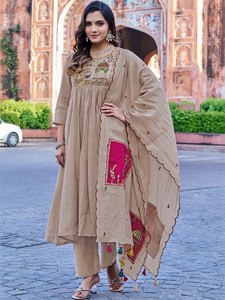 Beige Embroidered Roman Silk Knee-Length Regular Fit Quick Dry <b>Kurta</b> Anarkali Dress <b>Women</b> Ethnic Top Casual Festival Wear - Product Image 5
