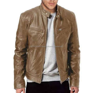 Chaqueta de cuero para hombre, estilo motociclista, corte ajustado, abrigo corto con solapa, chaqueta de PU, cremallera, cuello alto, cortavientos, para otoño - Product Image 4