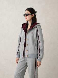 <b>Women</b> Gray Button Up Hooded Tracksuit <b>Set</b> Burgundy Trim Side Stripe Two Piece Sweatshirt <b>Jogger</b> <b>Set</b> - Product Image 1