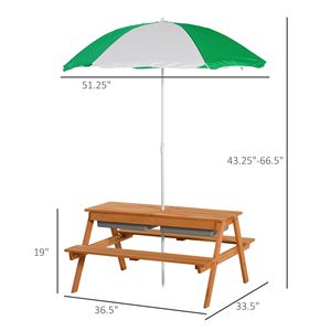 Adjustable Umbrella Removable Parasol Outdoor <b>Kids</b> Picnic Table with Sandbox <b>Set</b> for <b>Garden</b> and Patio Wooden Furniture - Product Image 3