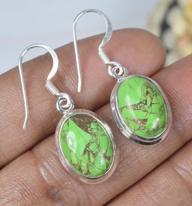 Pendientes Colgantes Hechos a Mano de Plata de Ley 925 con Turquesa Verde Cobre, Joyería de Piedras Preciosas Ovaladas para Mujer - Product Image 6