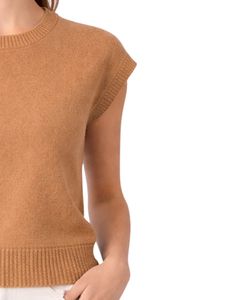 Pull sans manches en maille pour femme, couleur camel, doux et léger, col rond, décontracté, élégant, pour l'été - Product Image 2