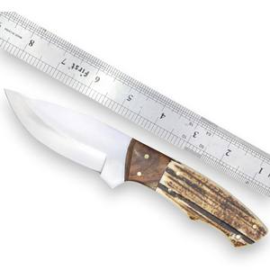 Cuchillo de caza de grado industrial de hoja fija de acero D2 con mango de palisandro y asta de ciervo, funda de cuero, personalizado OEM, espiga completa - Product Image 1