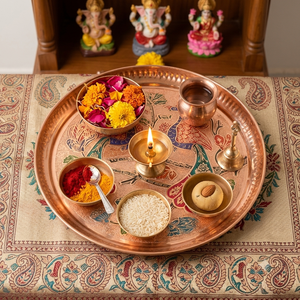 Ensemble de thali en cuivre fait main pour la Pooja, assiette traditionnelle pour la Puja, cadeau pour le festival Diwali, thali Aarti, décoration pour le temple à domicile, vente en gros - Product Image 3