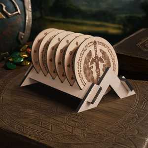 Juego de posavasos de madera con grabado láser de runas de espada de fantasía, con soporte, tapete redondo de arce para bebidas, almohadilla para tazas de café, protector de superficie de mesa - Product Image 1