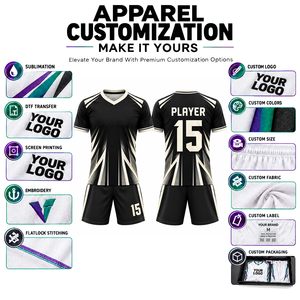 Custom Sublimated Soccer Jersey Set <b>Black</b> <b>White</b> Geometric V-Neck Short Sleeve Moisture Wicking Adult Men 100% Polyester - Product Image 5