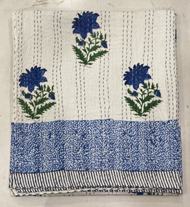 Hand Block Printed Kantha <b>Quilt</b> Blue Cotton Floral Pattern Traditional Indian Stitched Bedspread Home Decor <b>Throw</b> Cover - Product Image 4