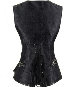 Corsé de cuero PU para mujer con cremallera y bolsillos, faja moldeadora de control firme, negro - Product Image 2