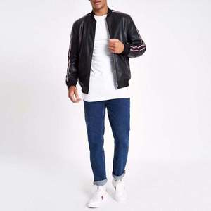 Blouson aviateur en cuir PU pour homme, couleur unie, fermeture éclair, col rabattable, style moto - Product Image 6