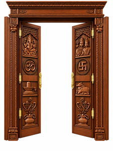 Shiv Shakti Solid Teak Wood Divine <b>Mandir</b> Door Divine Shiva Hand-Carved Teak Wood <b>Mandir</b> Door <b>Pooja</b> Room Door with Shiv Parivar - Product Image 2