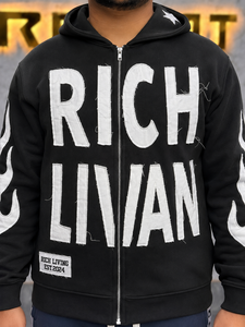 Custom Distressed Embroidery Formal Zip Cropped Ripped <b>Hoodie</b> Patch Work Details Unisex <b>Black</b> 100% Cotton Winter Zip-Up <b>Hoodie</b> - Product Image 5