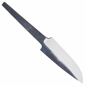 Hoja de cuchillo puntiaguda negra y plateada con borde biselado pulido, acabado texturizado oscuro y espiga delgada para la fabricación de mangos. - Product Image 5
