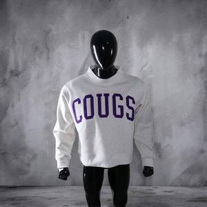 <b>White</b> Mock Neck <b>Sweatshirt</b> with Large Purple Front Lettering Straight Cut Long Sleeves Rib Cuffs and Hem Private Label Apparel - Product Image 1