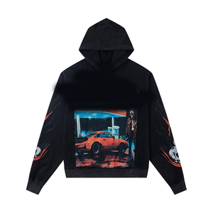 Sudadera con Capucha Roja para Hombre, Estilo Urbano Oversize, Estampado de Esqueleto Leyendo Periódico, Diseño de Llama en la Manga, Ropa de Otoño - Product Image 5