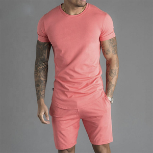 Men Summer Cotton T-Shirt And Shorts <b>Set</b> Solid Color Casual Wear Breathable <b>Knitted</b> Fabric Crew Neck Design For Comfortable - Product Image 2