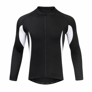 Maillot de cyclisme à manches longues noir à séchage rapide avec empiècements latéraux blancs, fermeture éclair intégrale sur le devant, coupe sport, haut de gamme pour homme, 100 % polyester - Product Image 1