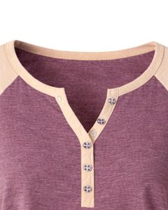 T-shirt pour femme beige bordeaux à manches courtes, col Henley, manches raglan, coton doux, décontracté, haut d'été confortable, à porter au quotidien, élégant - Product Image 6