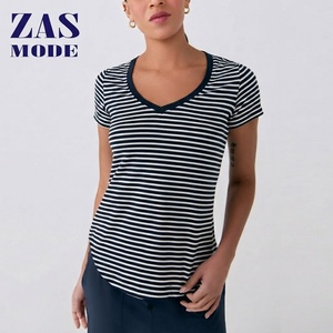 Camisas de Manga Corta a Rayas de Moda para Mujer 2026, Estilo Babydoll, Cuello en V, Verano, Casual, Elegante, Cómoda, Suave, Transpirable, de Algodón - Product Image 1