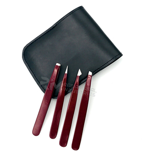 Juego de 4 pinzas para cejas RMI Wholesale, de acero inoxidable con punta plateada y recubrimiento en polvo color marrón oscuro, con punta inclinada. - Product Image 3