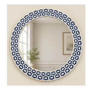 Espejo Decorativo Redondo de Pared con Marco de Patrón Geométrico Azul para Montar en la Pared del Pasillo, Sala de Estar, Dormitorio, Baño, Uso Doméstico - Product Image 4