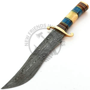 Cuchillo de caza Bowie de acero de Damasco de 12 pulgadas, edición nueva, hecho a mano, extra afilado, hoja fija, para camping, con mango de hueso de camello de color. - Product Image 1