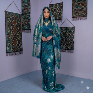 Châle Fransawi Dirac marron doré à imprimé floral et jacquard doré |   Vêtements de cérémonie somaliens de luxe - Product Image 5