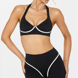 Women's <b>Black</b> Yoga Set With White Contrast Binding Halter <b>Top</b> High Waist Leggings Full Length Zipper Front Jacket 2 Piece Set - Product Image 4