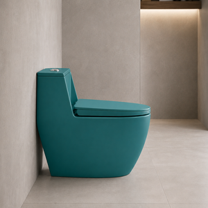 Inodoro de una pieza ovalado de color verde botella con acabado mate, de diseño minimalista, de cerámica con superficie lisa, para instalar en el suelo. - Product Image 2