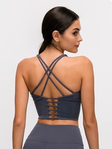 Women Longline Sports Bra Criss <b>Cross</b> Strappy Back Yoga Crop <b>Top</b> Ladder Cutout Gym Workout Tank Padding Activewear Blanks - Product Image 2