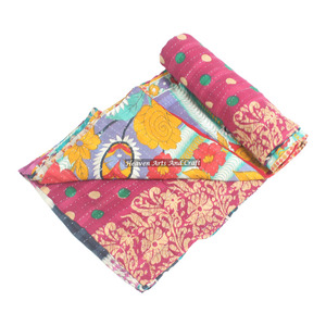 Bedding <b>Single</b> Size Kantha Printed Quilt Blanket Handmade Washable Reversible Floral Indian Hotel Use - Product Image 1