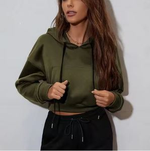 Sudadera Corta Verde Oliva para Mujer, Manga Larga, Color Sólido, Felpa, Informal, con Bolsillos, para Otoño - Product Image 6