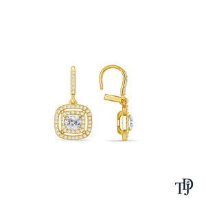 Pendientes colgantes de oro de 14 quilates con diamantes cultivados en laboratorio de corte cojín y doble halo - Product Image 2